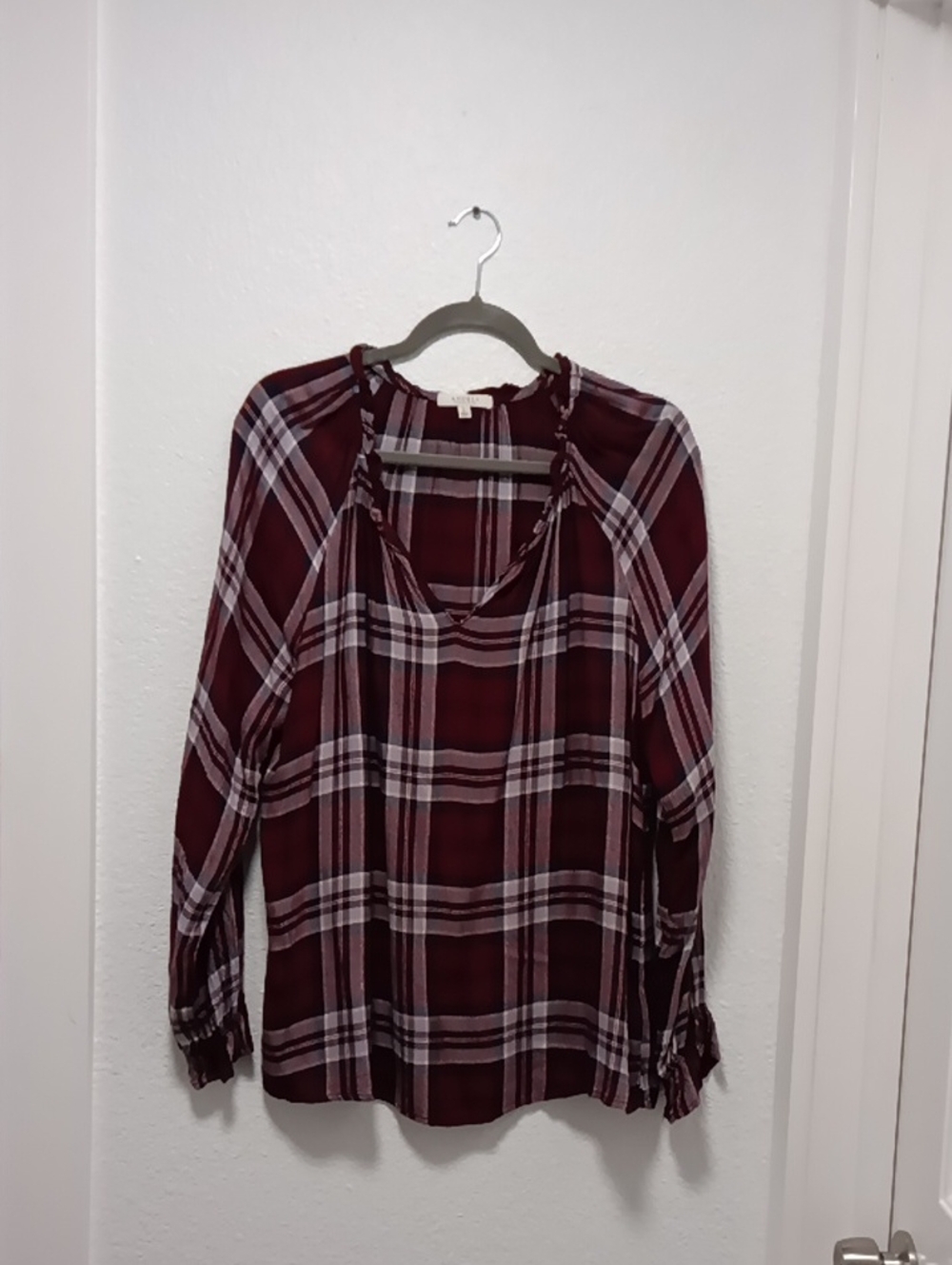 Angels Burgundy Plaid Long Sleeve Tie-Neck Blouse